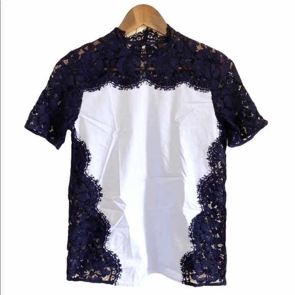 Halogen Lace Back Two Tone Blue Keyhole Blouse - Picture 1 of 6
